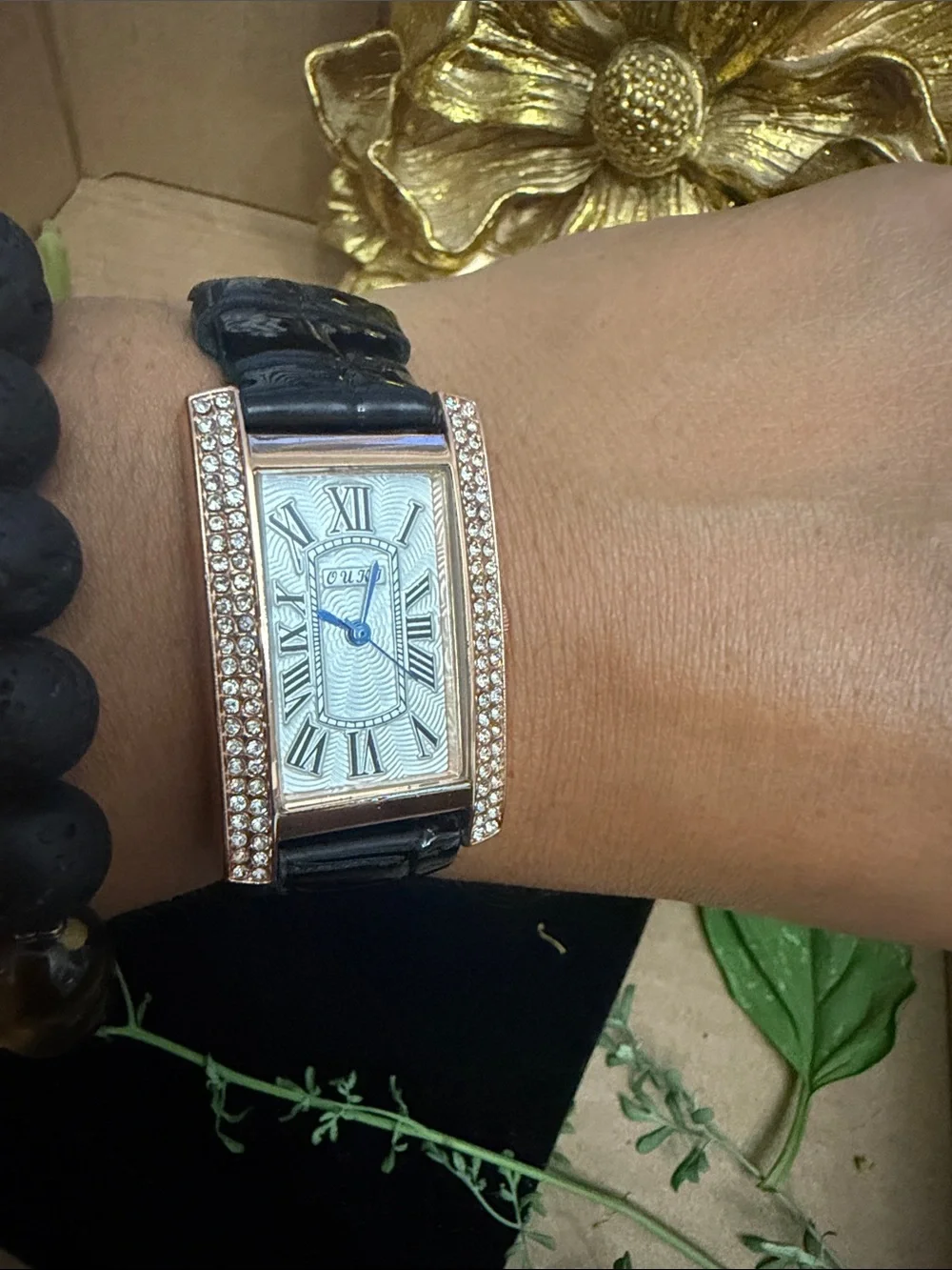 XOXO Rose Gold-Tone Crystal Rectangular Watch with Black Strap
